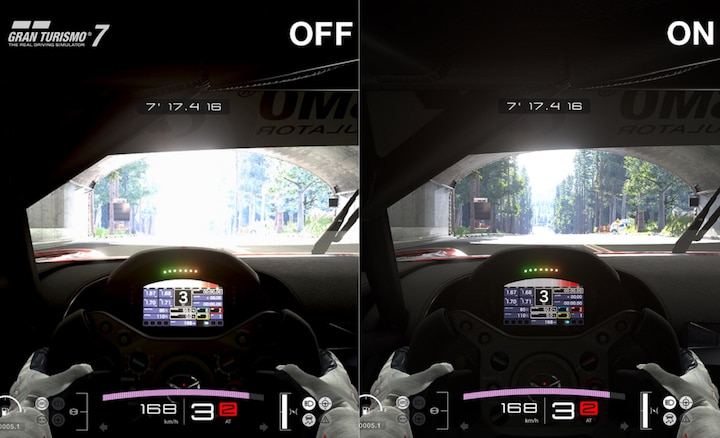 Imágenes de pantalla dividida de Gran Turismo 7 que muestran la diferencia con y sin el Mapeado de tono HDR automático