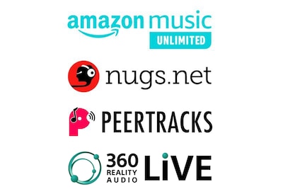 Logotipos de 360 Reality Audio, Amazon Music Unlimited y nugs.net