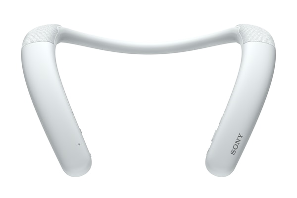 Vista frontal de los parlantes por detrás del cuello inalámbricos SRS-NB10 en blanco