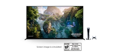 BRAVIA XR™ en el que se ve una escena de Horizon Forbidden West junto a una consola PlayStation®5 y un control